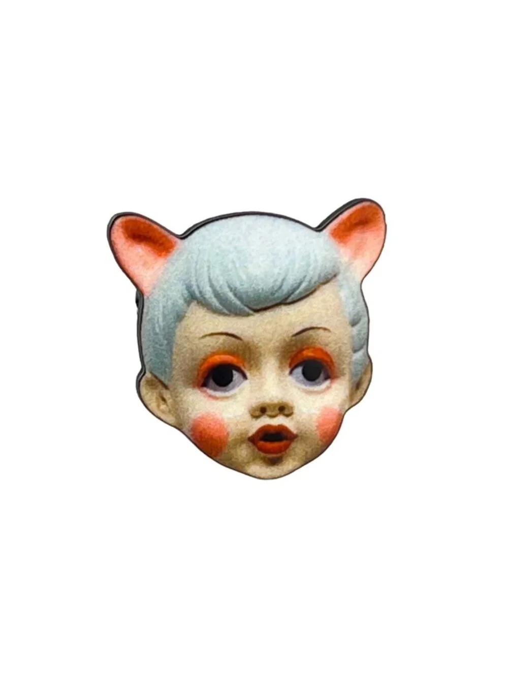Quirky Retro Kitschy Ceramic Doll Cat Boy Wooden Ring Adjustable